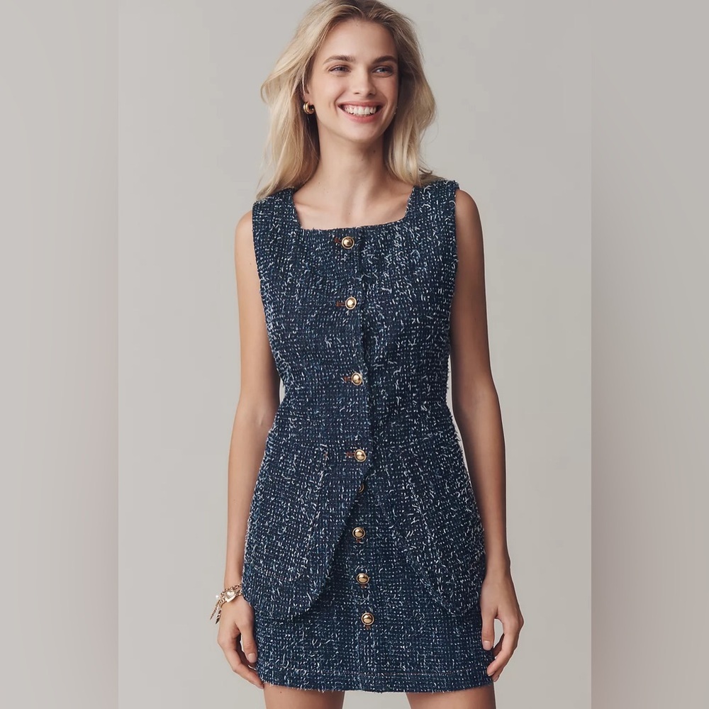 Anthropologie Navy Tweed Button-Front Sleeveless Vest Dress